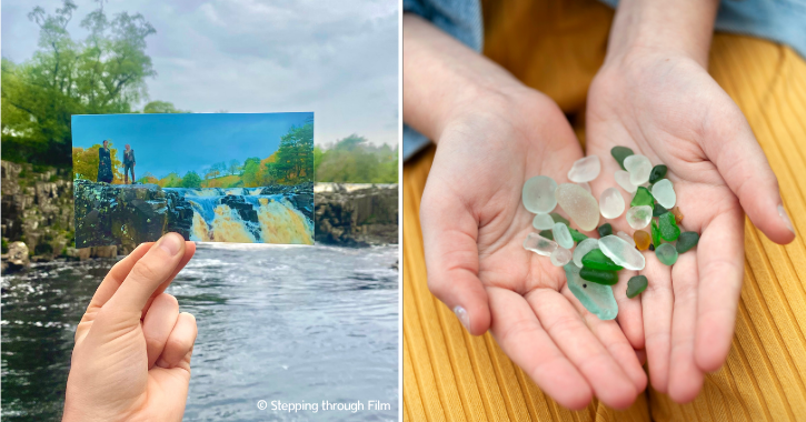 Person holding up still from The Witcher tv series at Low Force Waterfall and little girl holding sea glass.